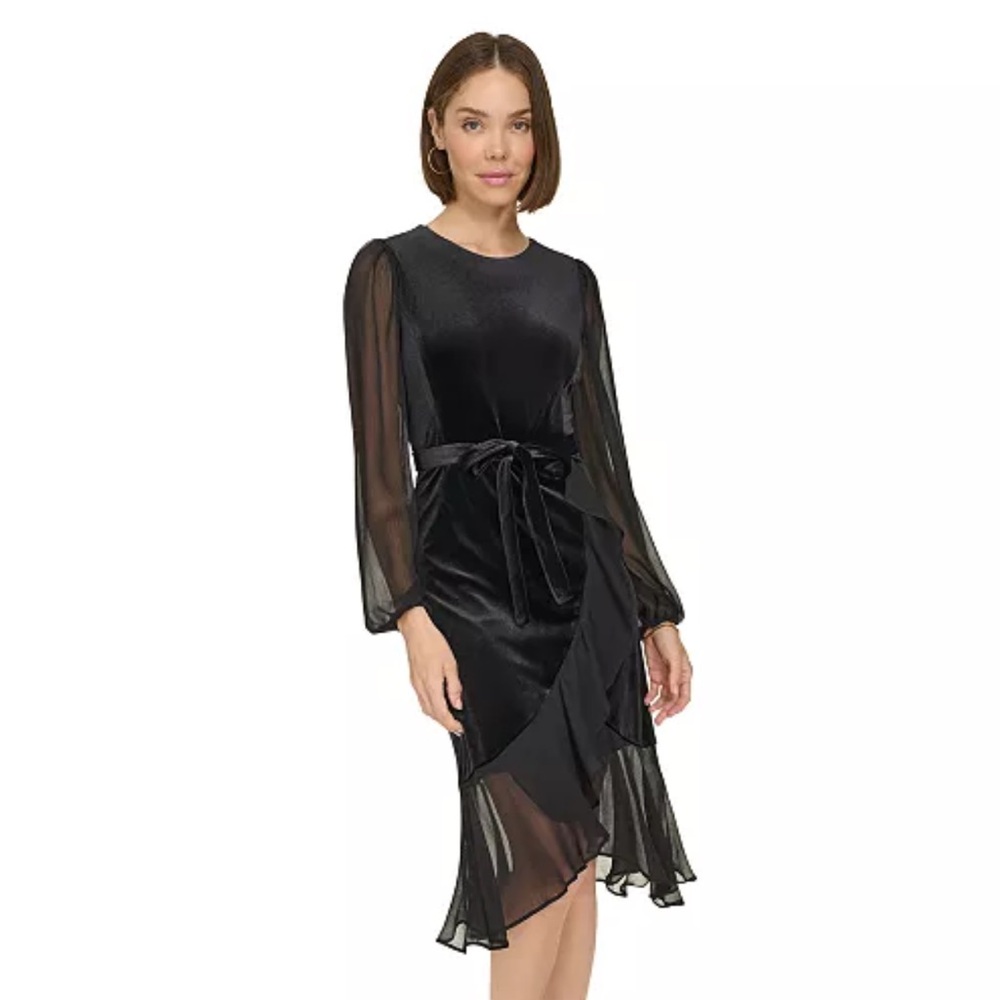 Tommy Hilfiger Velvet Sheer Ruffled High-Low Dress